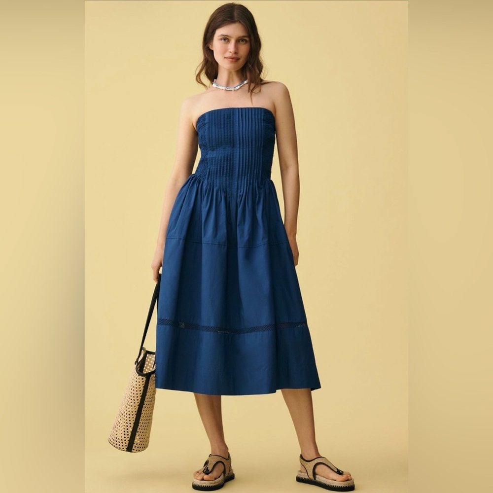 Cotton Poplin Strapless Midi Dress